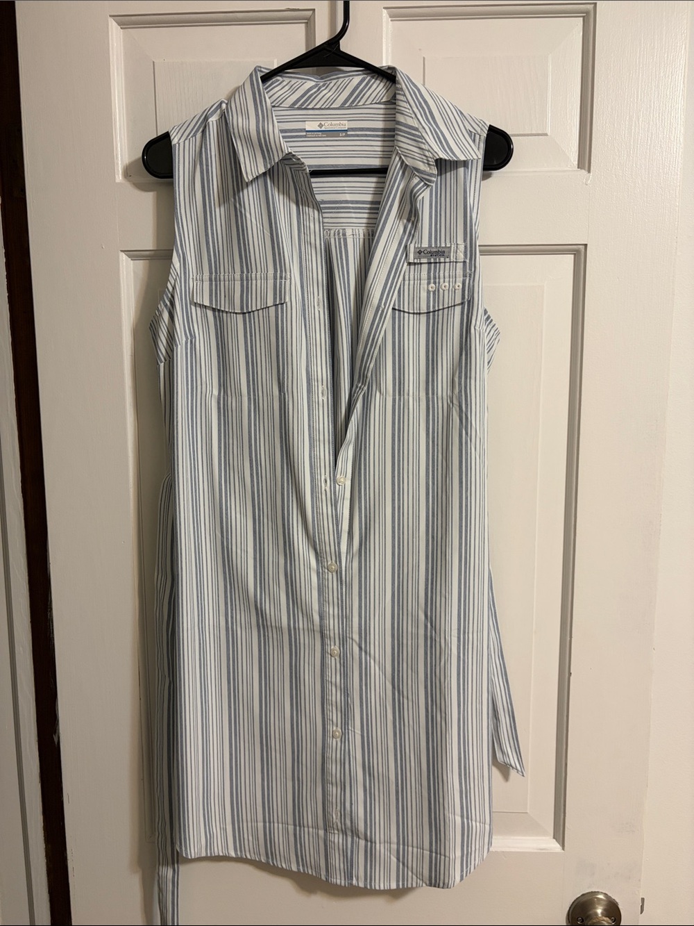 Columbia Sleeveless Striped Shirt Dress in Blue and White